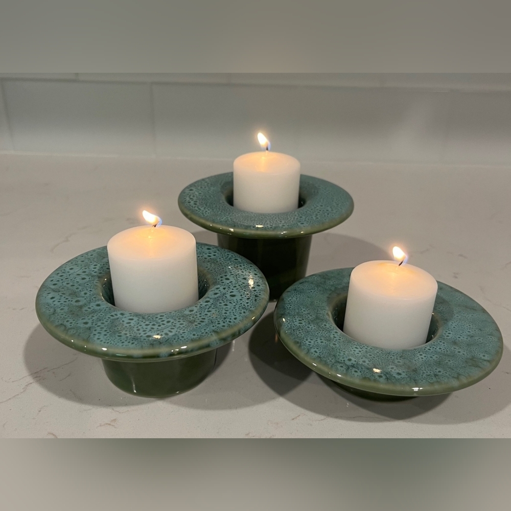 Rare 1980s Vintage Blue Drip Glaze Candle‎ Holder Set 0f 3 EUC